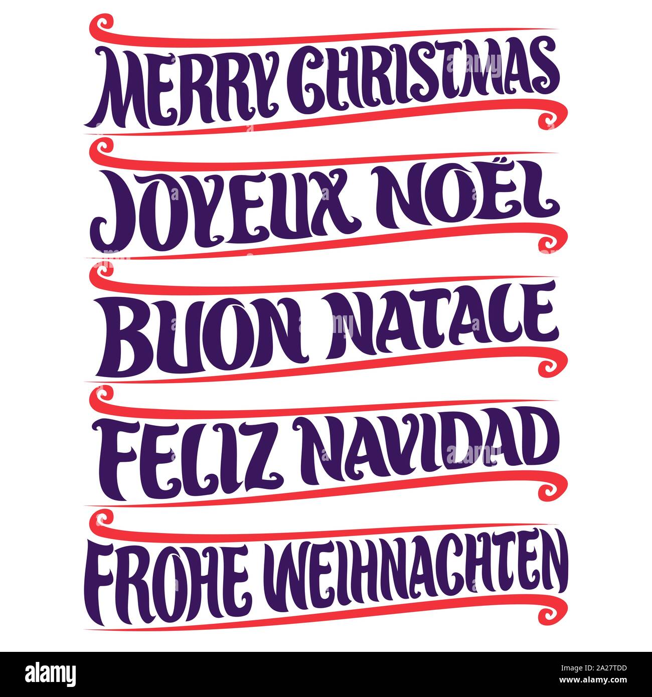 Vector set de texte d'accueil - Joyeux Noël en différentes langues : français, italien joyeux Noel buon natale, Feliz Navidad espagnol, allemand frohe weih Illustration de Vecteur