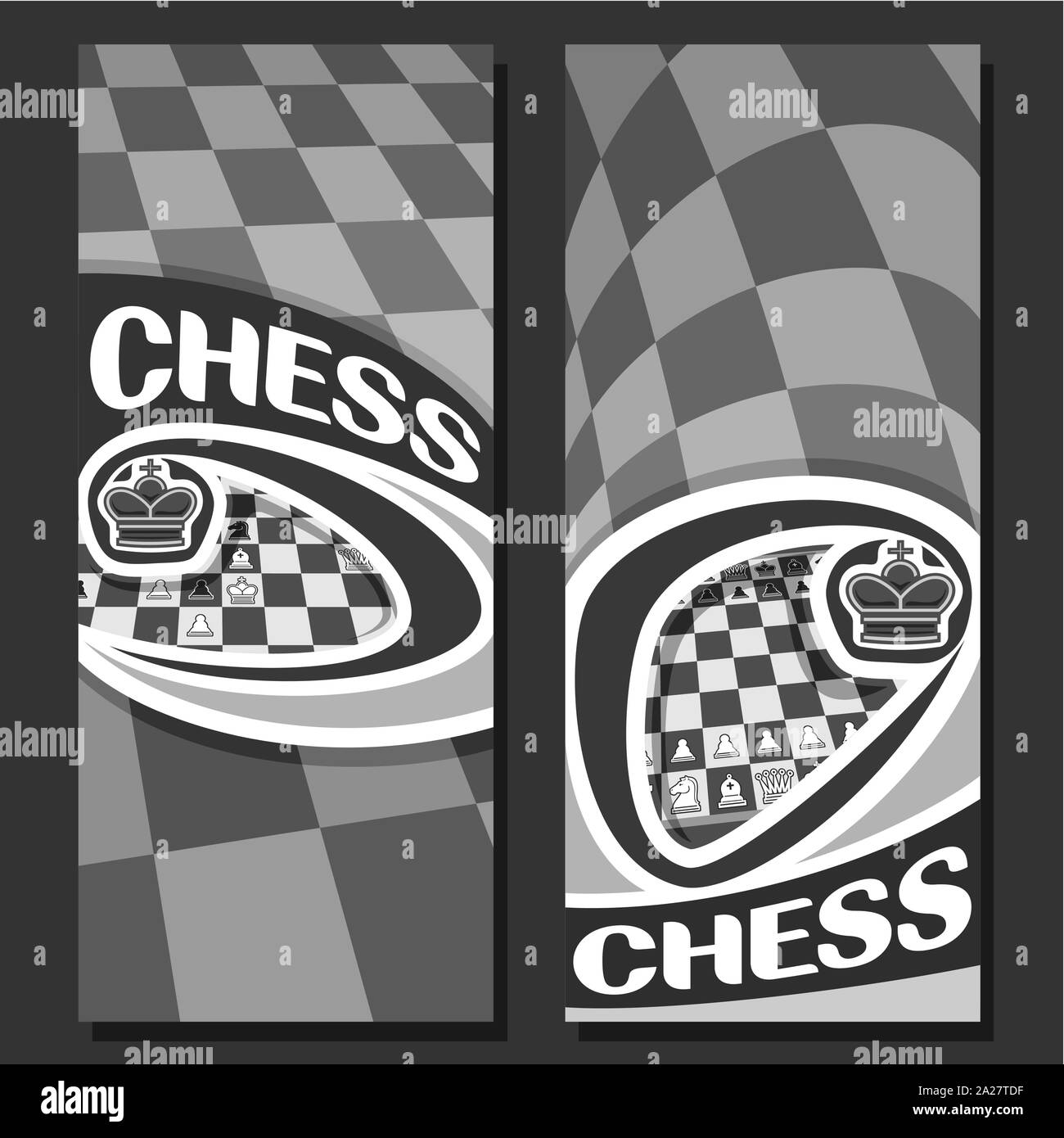 Verticale Vector bannières monochromes pour jeu d'échecs avec copie espace, dans les modèles noir et blanc panneaux carrés pour titre sur le thème des échecs, pour l'origine de la police Illustration de Vecteur