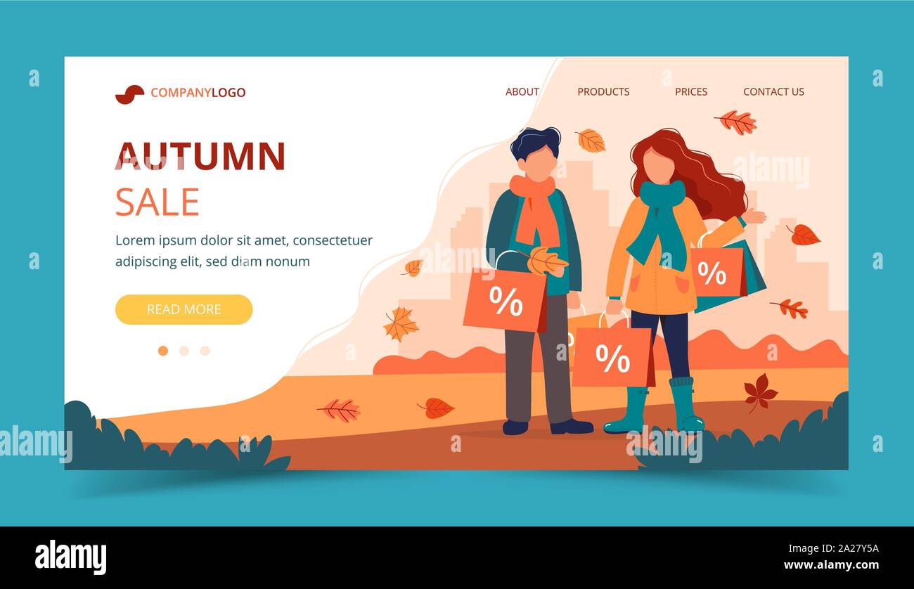 L'homme et de la femme avec des sacs de vente à l'automne. Modèle de page d'atterrissage. Cute vector illustration dans télévision style. Illustration de Vecteur