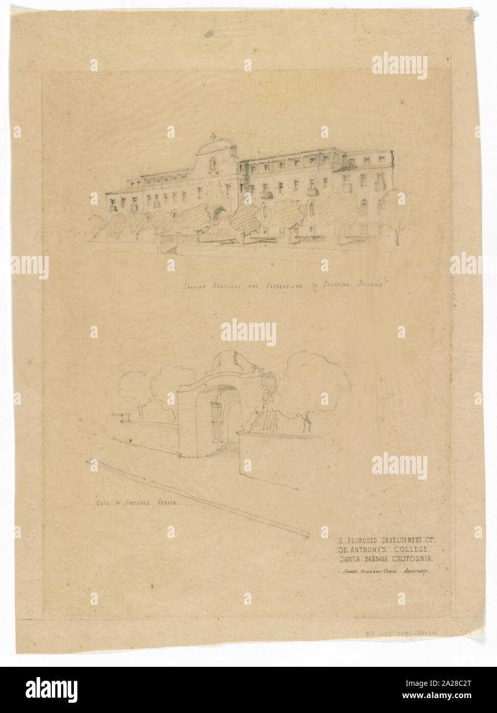 Projet d'aménagement de Saint Anthony's College, Santa Barbara, Californie. Rendering / James Osborne Craig, architecte Banque D'Images