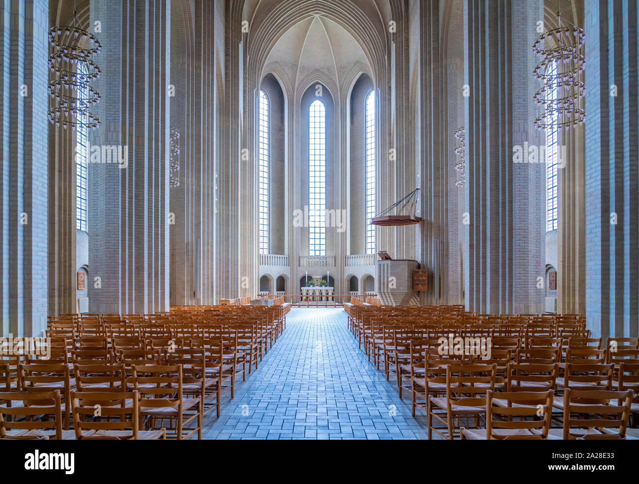 L'intérieur de l'église de Grundtvig Luthern à Copenhague, Danemark. Banque D'Images