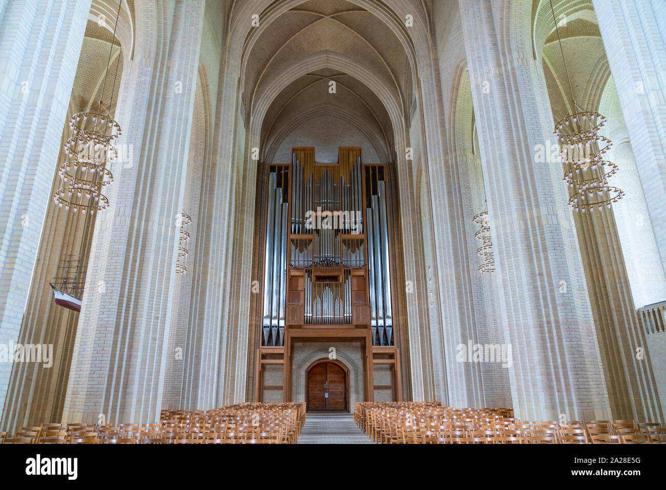 L'intérieur de l'église de Grundtvig Luthern à Copenhague, Danemark. Banque D'Images