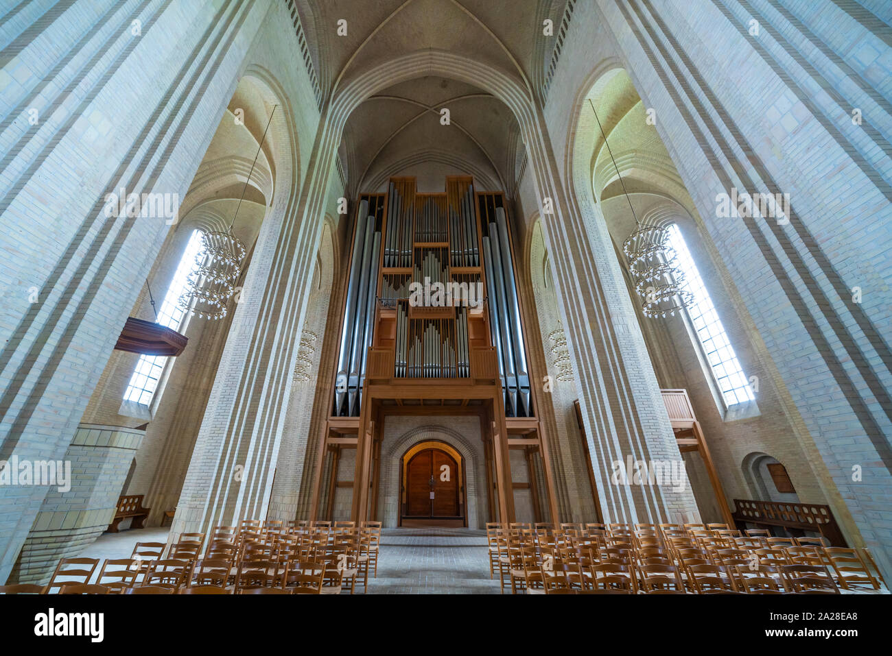 L'intérieur de l'église de Grundtvig Luthern à Copenhague, Danemark. Banque D'Images