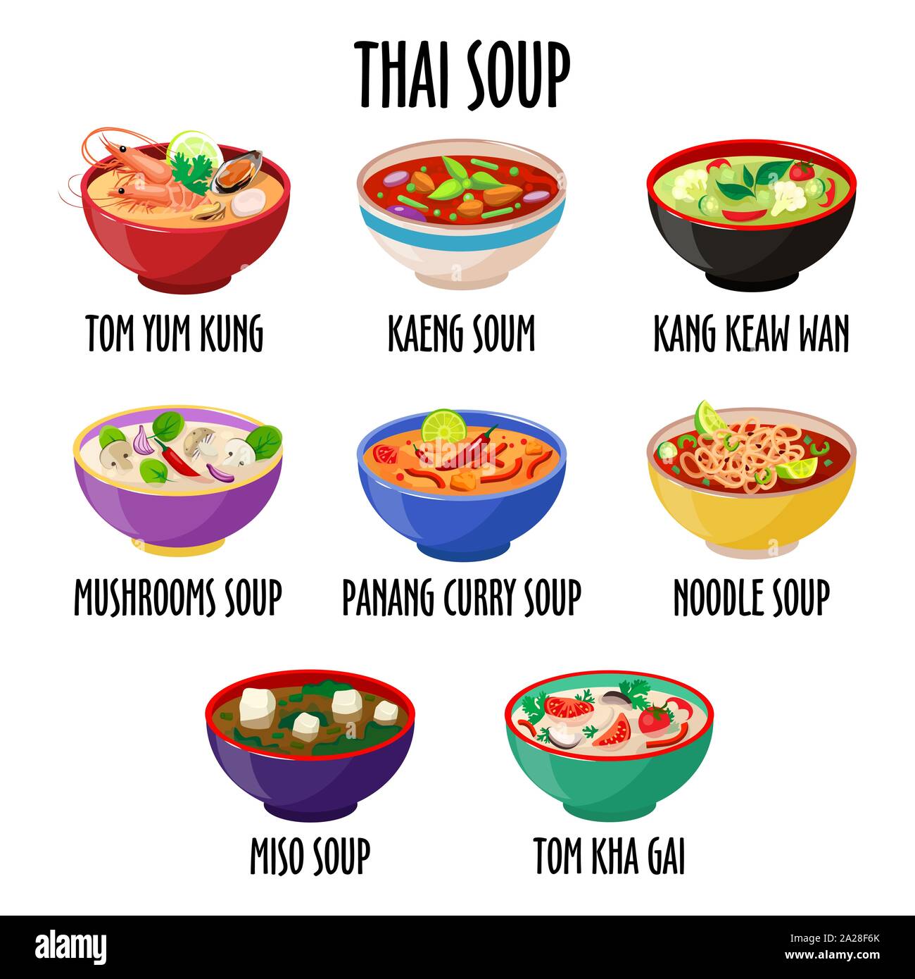 Soupe thaïlandaise icon set, des plats différents dans des bols colorés isolé Illustration de Vecteur