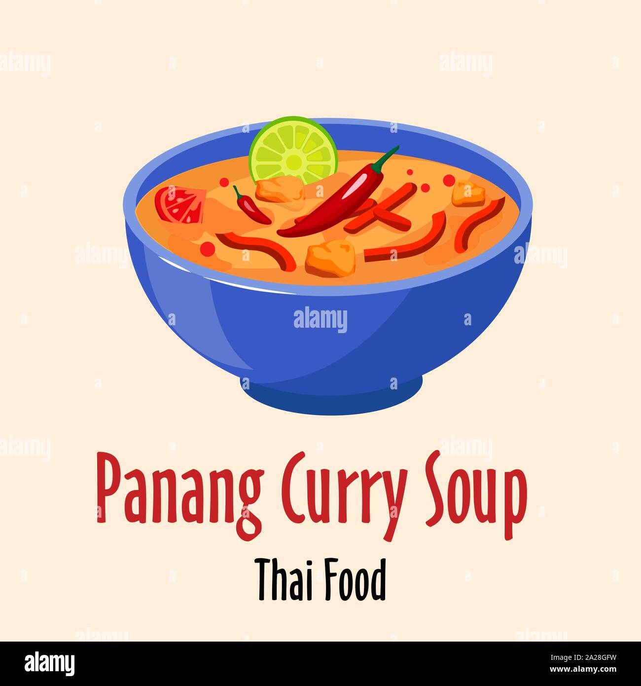 L'icône de soupe thaï curry panang épicé, délicieux plat dans bol coloré vecteur illustration isolé. Illustration de Vecteur