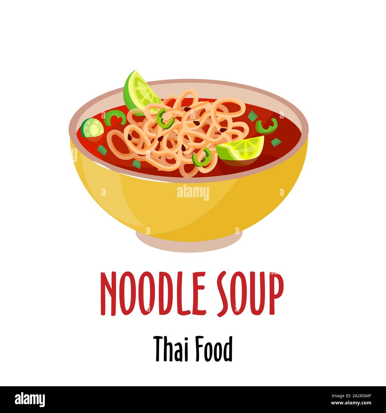 Soupe thaï aux nouilles épicées, icône délicieux plat dans bol coloré vecteur illustration isolé. Illustration de Vecteur