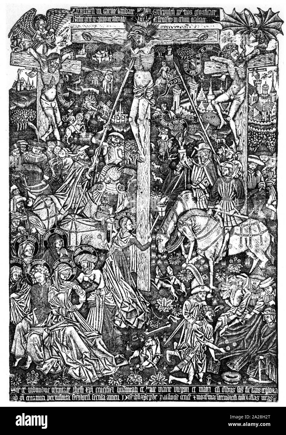Jésus de Nazareth sur la croix, Schrotblatt, Allemagne, 15e siècle. Messias, la religion, l'impression. Banque D'Images