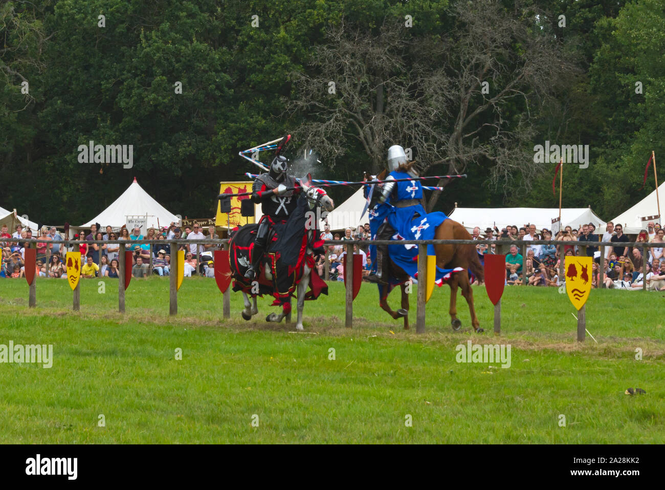 Chevaliers participant à un tournoi de joutes à la fête médiévale à Loxwood Loxwood prairie près de Aldham dans Sussex England Royaume-Uni. Banque D'Images