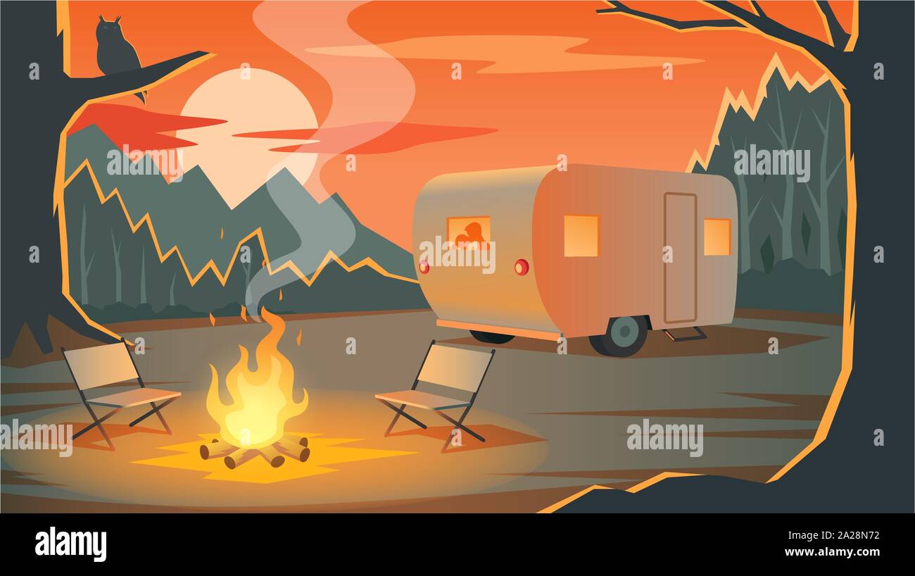 Paysage avec Camping Camping-, silhouettes couple aimant dans la remorque, des montagnes, des forêts et de joie en soirée, coucher du soleil, les loisirs de plein air Illustration de Vecteur
