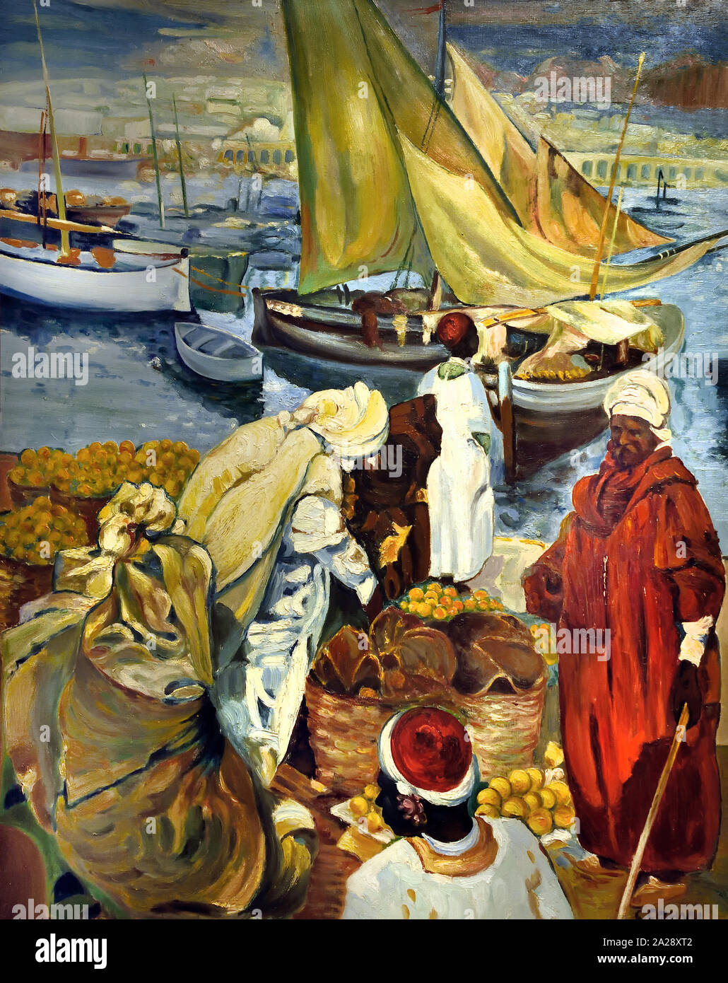 Le port d' colère - Le Port de colère, Marocain, Maroc. par Léon Cauvy 1874 - 1933 Peintre orientaliste français. Banque D'Images