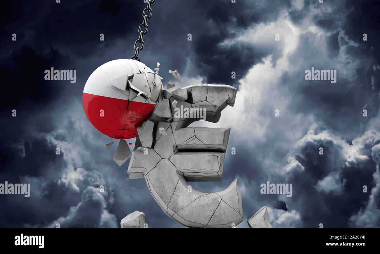 Drapeau Pologne ball smashing un symbole de l'Euro (€). 3D Render Banque D'Images