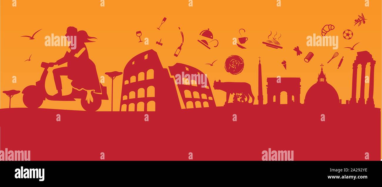 Moto avec couple sur l'arrière-plan les monuments de Rome Illustration de Vecteur