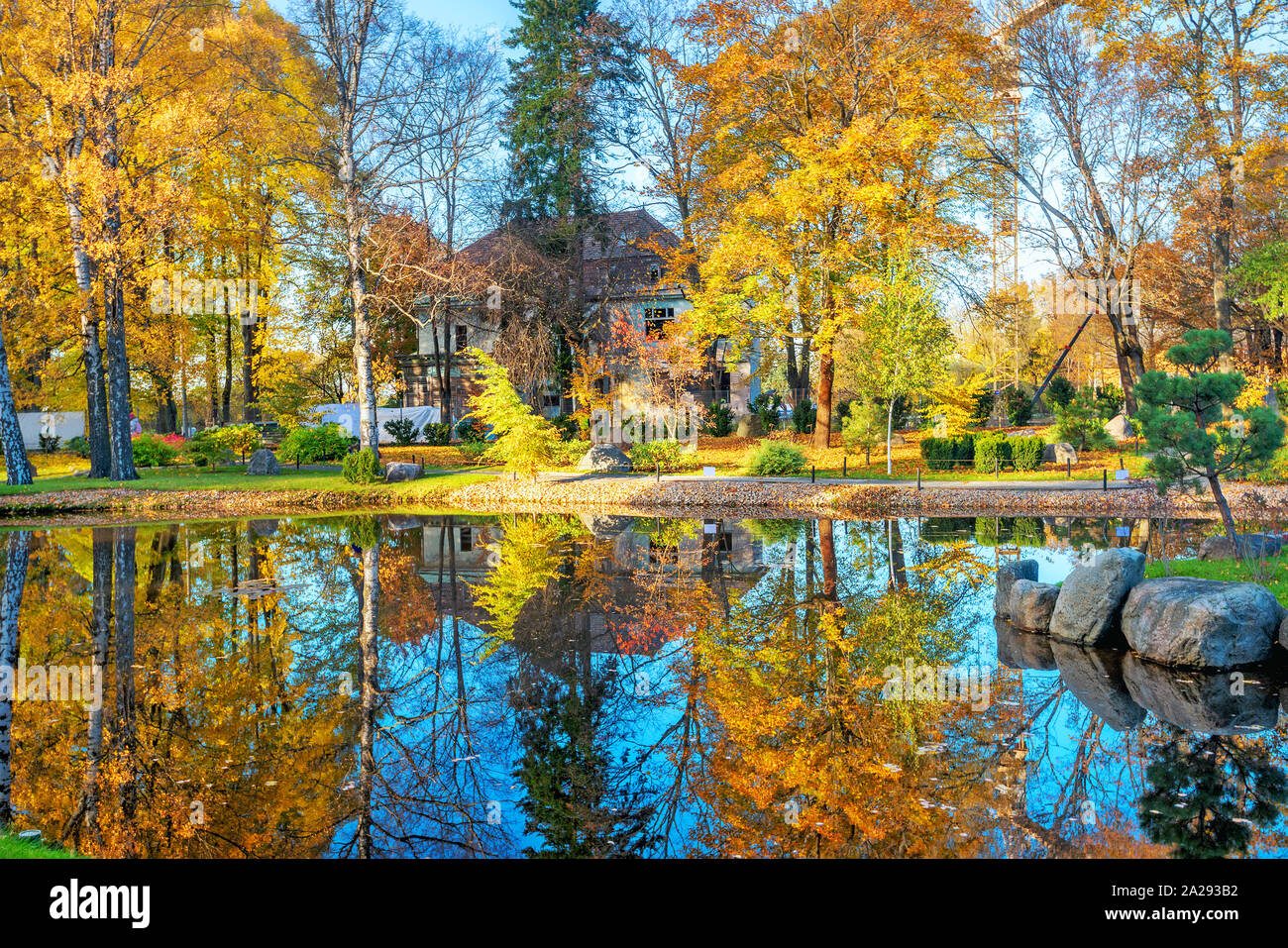 Paysage avec jardin japonais de pierres dans le parc Kadriorg à automne doré. Tallinn, Estonie Banque D'Images