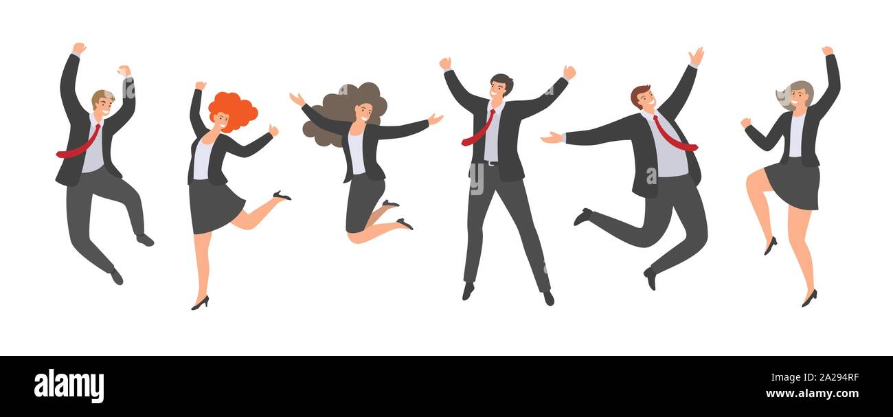 Groupe d'employés de bureaux en saut heureux style plat isolé sur fond blanc. Joyeuse Journée de travail. Les gens d'affaires sont saut, célébration de l'un Illustration de Vecteur