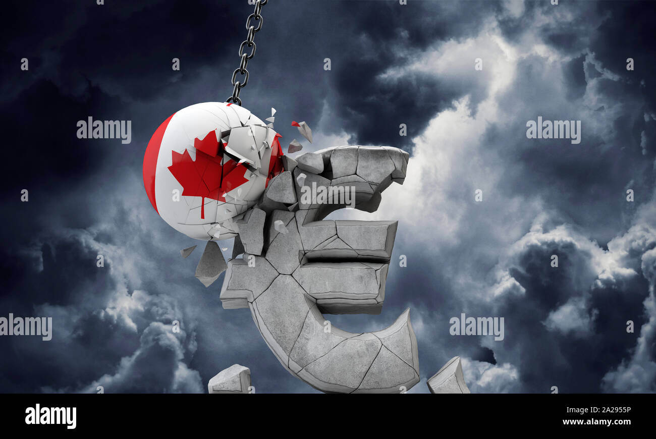 Canada flag ball smashing un symbole de l'Euro (€). 3D Render Banque D'Images