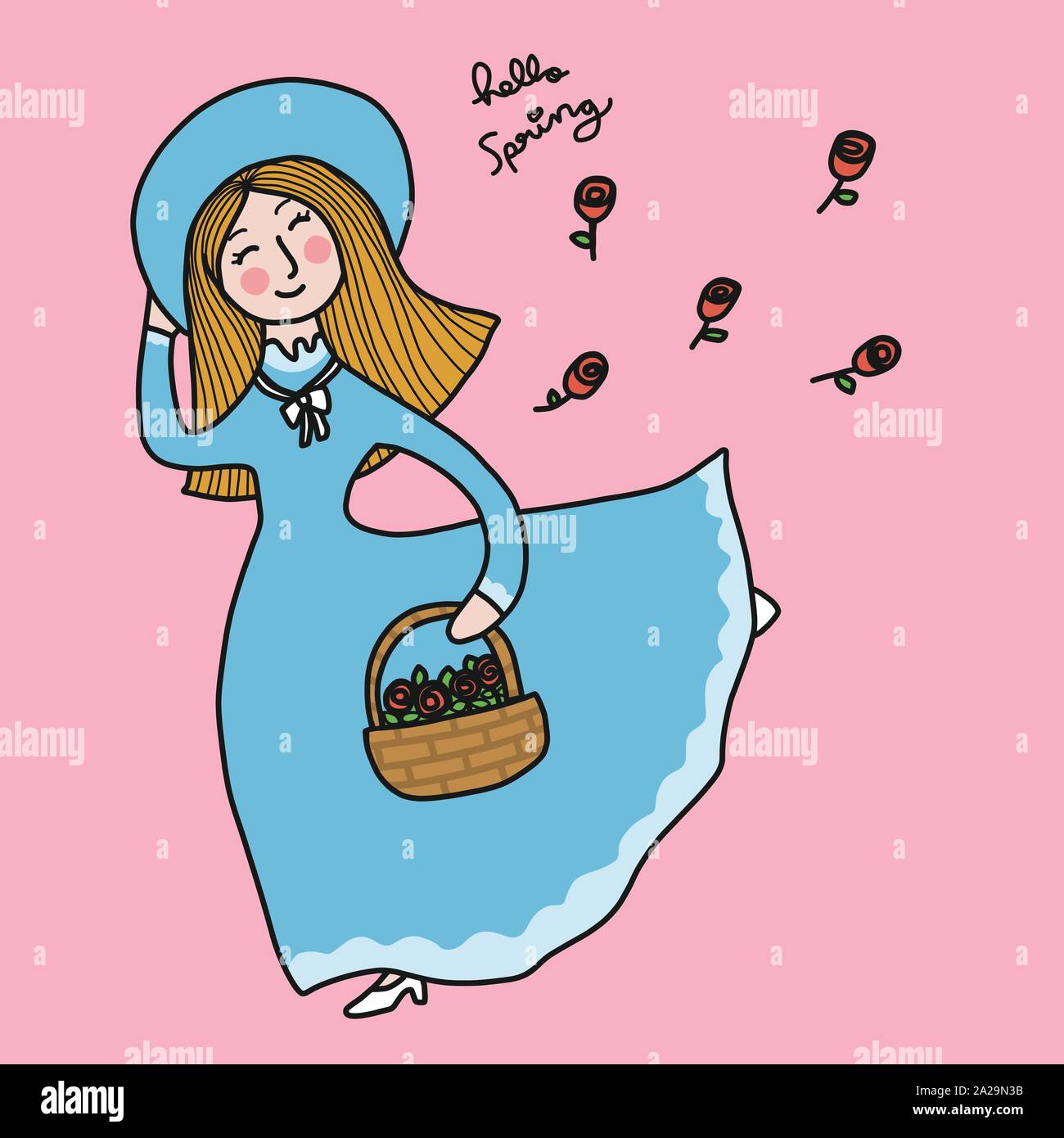 Lady in Blue vintage robe dansant avec panier de roses bonjour dessin animé de printemps style doodle Illustration de Vecteur