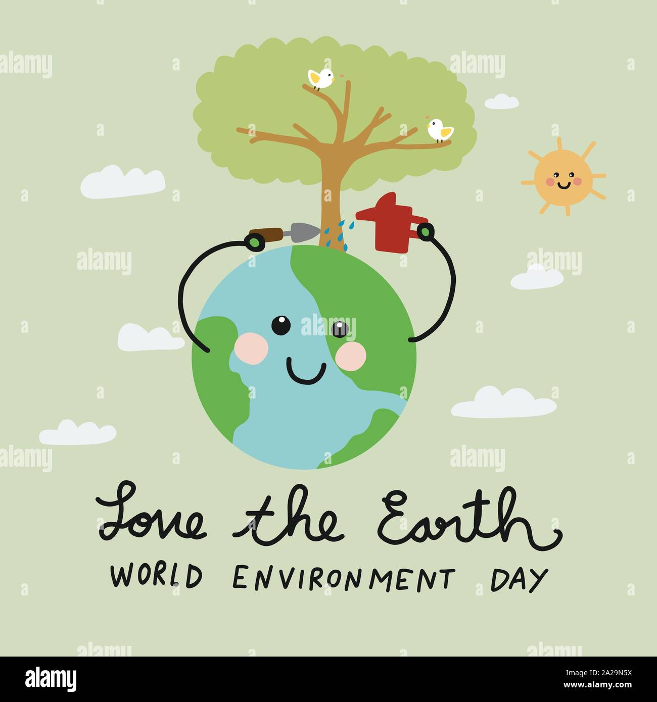 Love The Earth World Environment Day Cute Sourire Terre Abreuver Elle Meme Ecologie Concept Dessin Anime Vecteur Illustration Style Doodle Image Vectorielle Stock Alamy