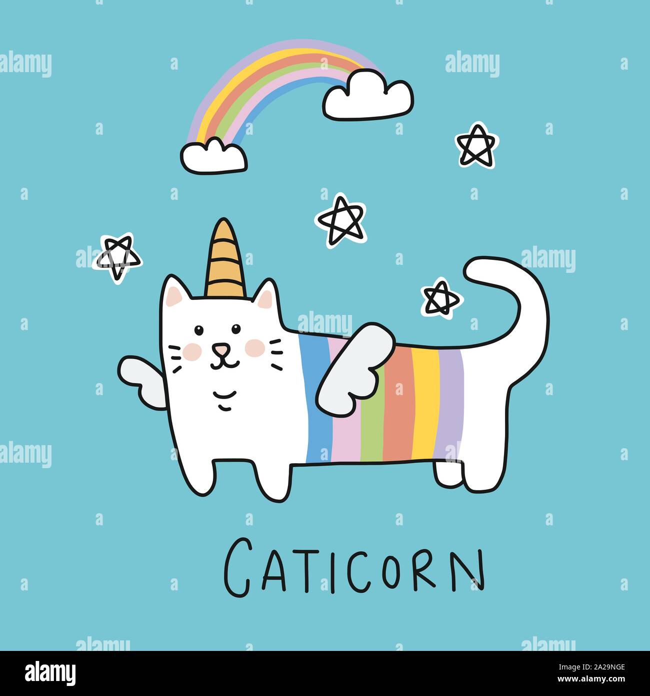Caticorne (chat unicorn) dessin animé arc-en-ciel scénario style doodle Illustration de Vecteur