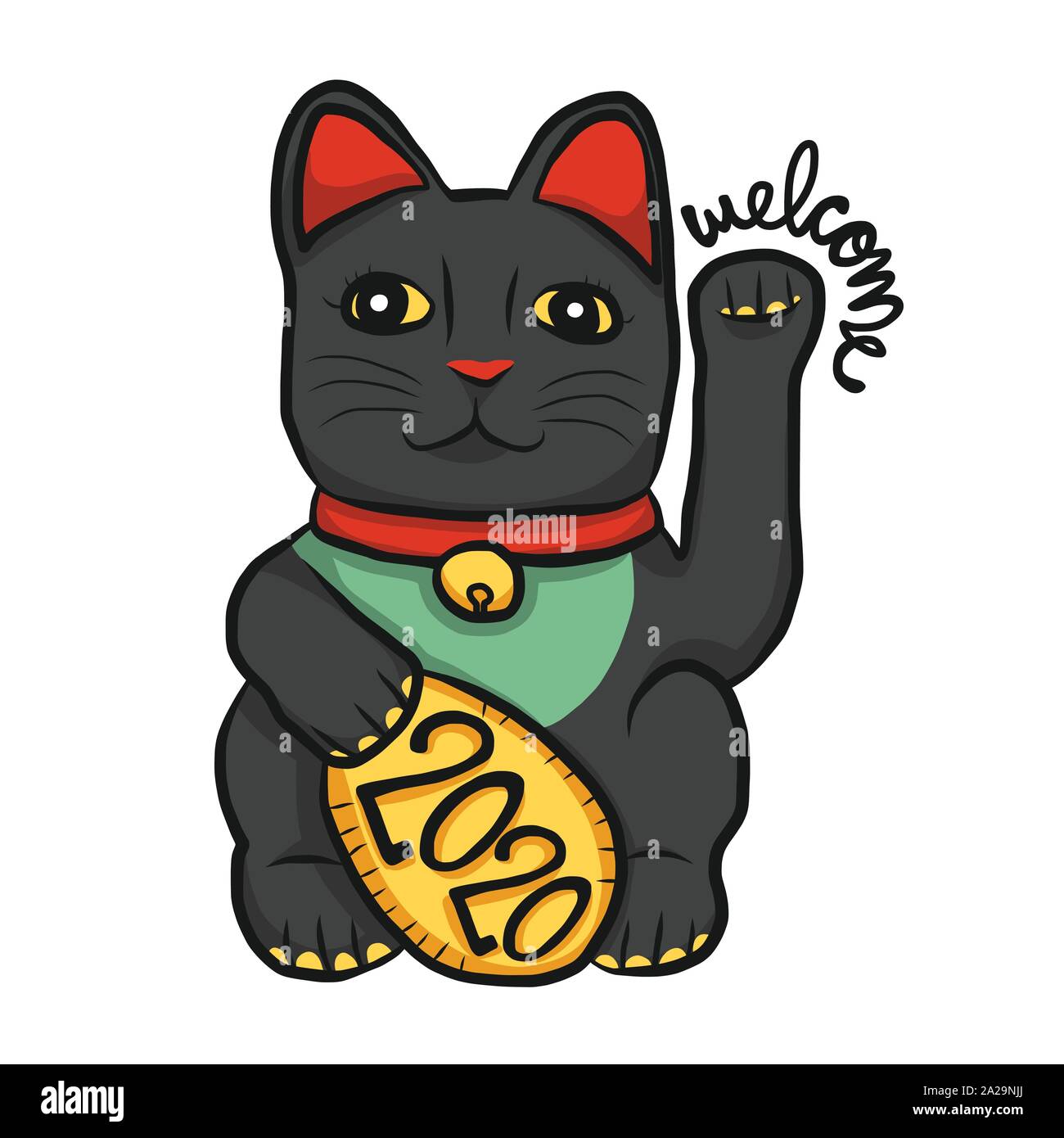 Lucky cat (Maneki Neko) couleur noir bienvenue 2020 cartoon vector illustration Illustration de Vecteur