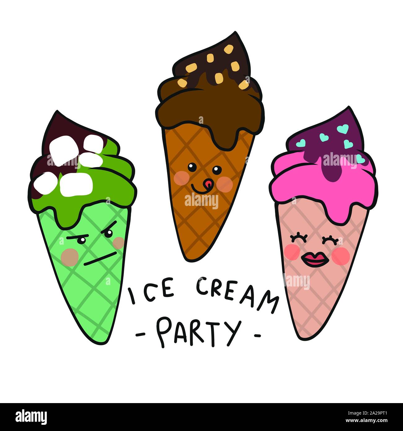 Ice cream cone partie cute cartoon vector illustration style doodle Illustration de Vecteur