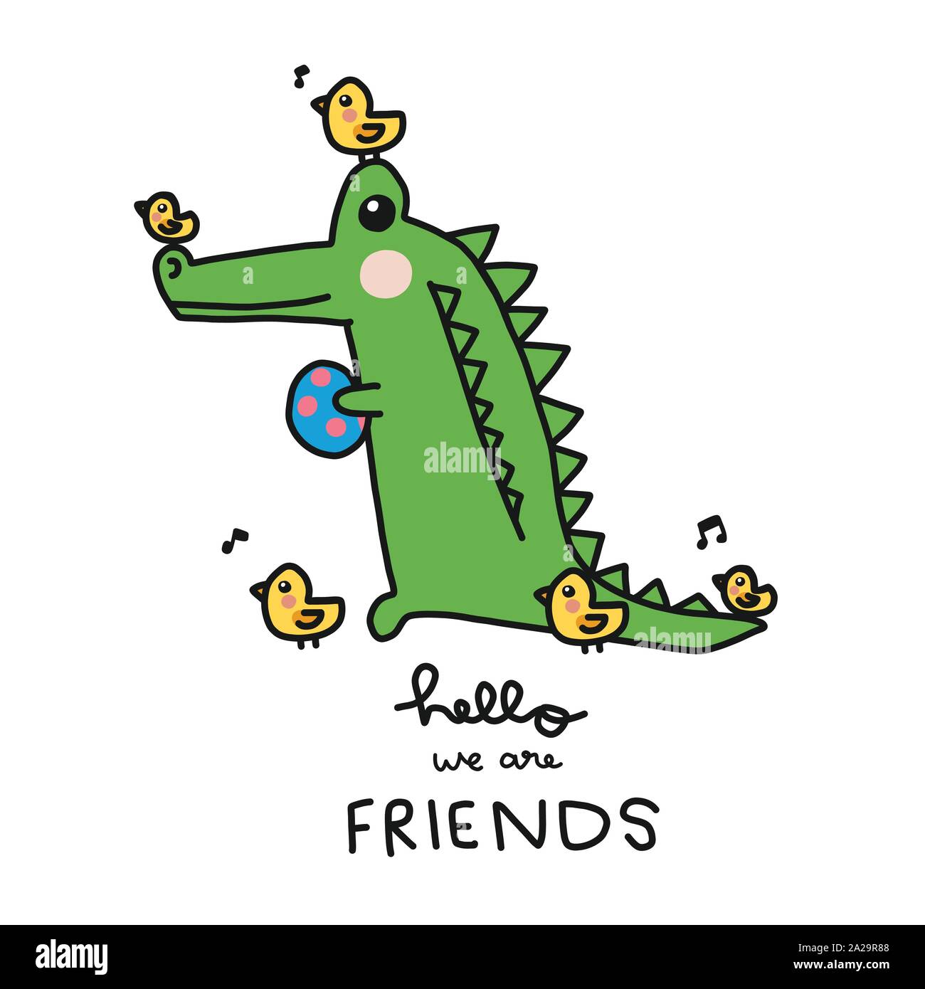 Bonjour nous sommes des amis, crocodile avec de petits oiseaux cartoon vector illustration style doodle Illustration de Vecteur