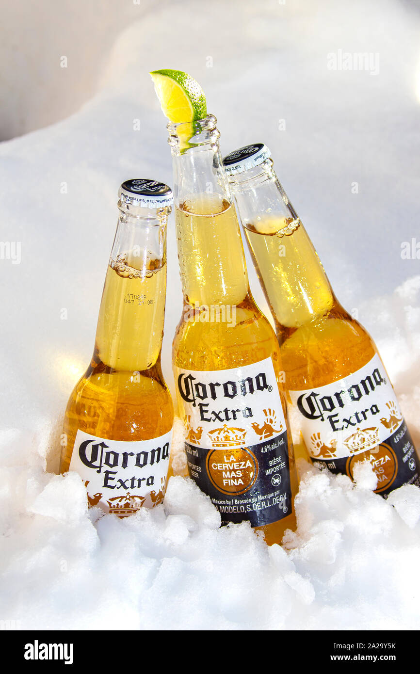 Trois bouteilles de bière Corona à la chaux sur glace neige, la vue. Banque D'Images