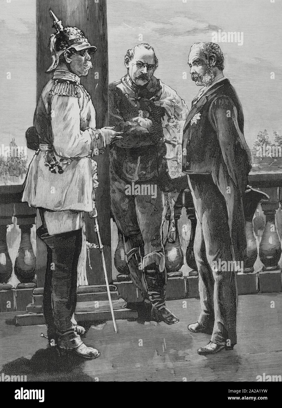 Polonia. Conferencia en impériale Skierniewice (Varsovie). La tarde del 16 de septiembre de1884, los emperadores Alejandro III (Royaume-Uni), Francisco José (Autriche), Guillermo I (Alemania) y sus respectivos ministres, Otto Von Bismarck (allemand), Nicolas Giers (anglais) y Gustave Kalnoky (austríaco) se reunieron en el palacio de Skierniewice, propiedad del Zar. Mantuvieron conversaciones sobre relaciones y políticas mútuas liées con la independencia polaca. Los cancilleres de Giers, Bismarck y de Kalnoky. La gravure. La Ilustración Española y Americana, 8 de octubre de 1884. Banque D'Images