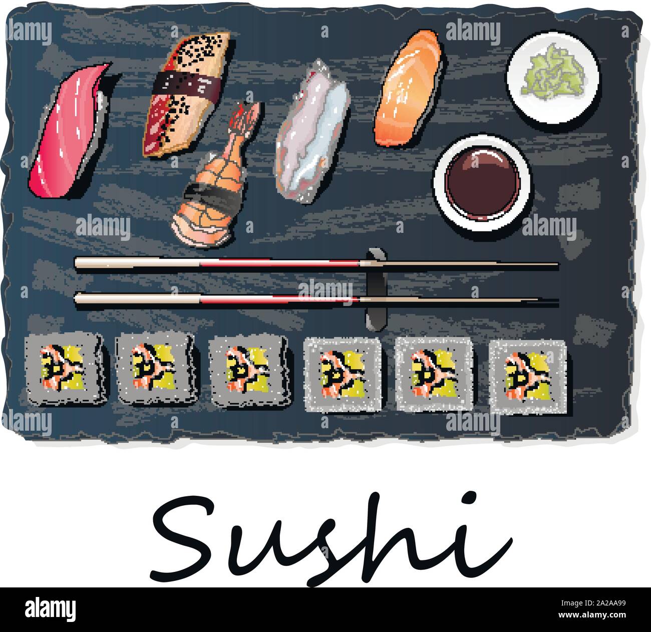 Nigiri seti Sush illustration isolé. Vue d'en haut. Illustration de Vecteur