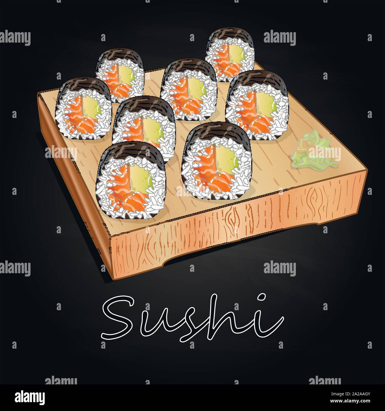 Différents types de sushis servis sur bois 24 fond noir isolé. Illustration de Vecteur