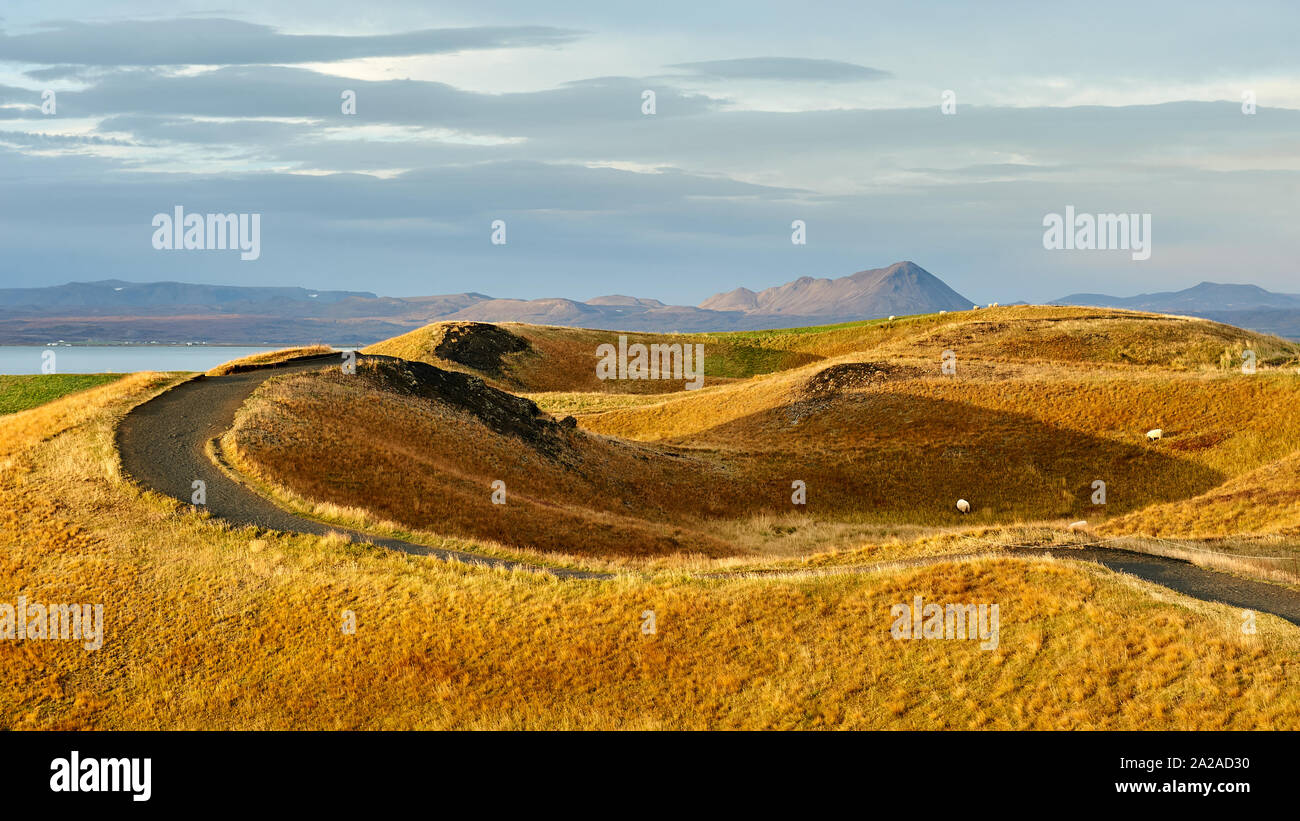 Route sinueuse au coucher du soleil sur le lac Myvatn, nord-est de l'Islande Banque D'Images