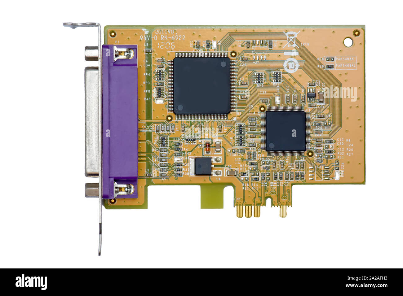 Ajouter un port parallèle sur carte pc carte mère isolé sur un fond blanc. Banque D'Images