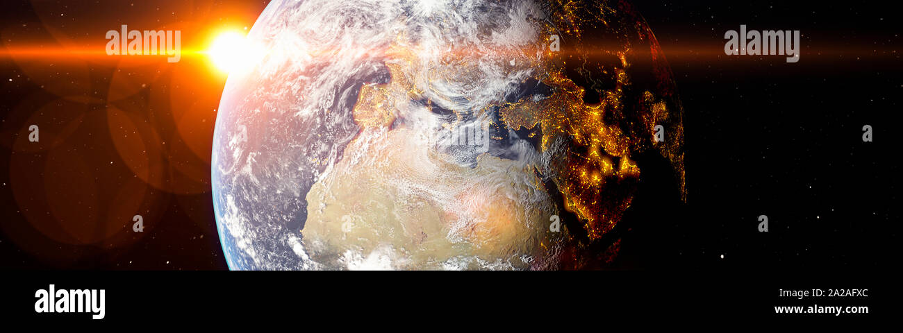 Vue panoramique du monde avec un soleil radieux Banque D'Images