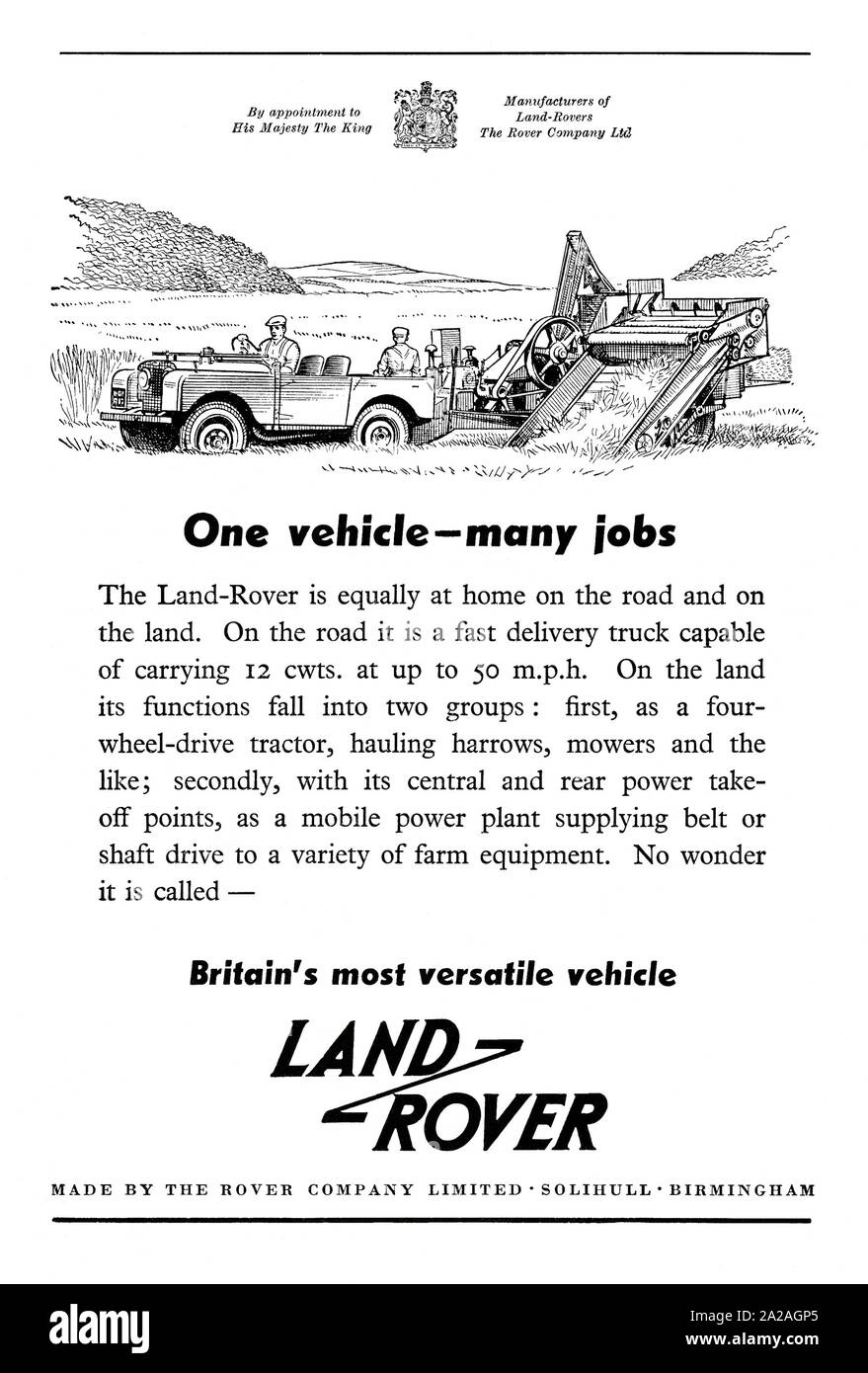 Publicité pour Land Rover, 1951. L'illustration montre un Land Rover polyvalente fournissant la puissance d'entraînement de la courroie d'une batteuse et la récolte agricole dans le domaine.Le nom de Land Rover a été initialement utilisé par l'entreprise Rover pour un quatre roues motrices (4WD), de type jeep modèle hors-route, maintenant connu sous le nom de Land Rover Series, lancé en 1948. Aujourd'hui, Land Rover est mieux connu pour sa prime et les véhicules utilitaires sport de luxe. Banque D'Images