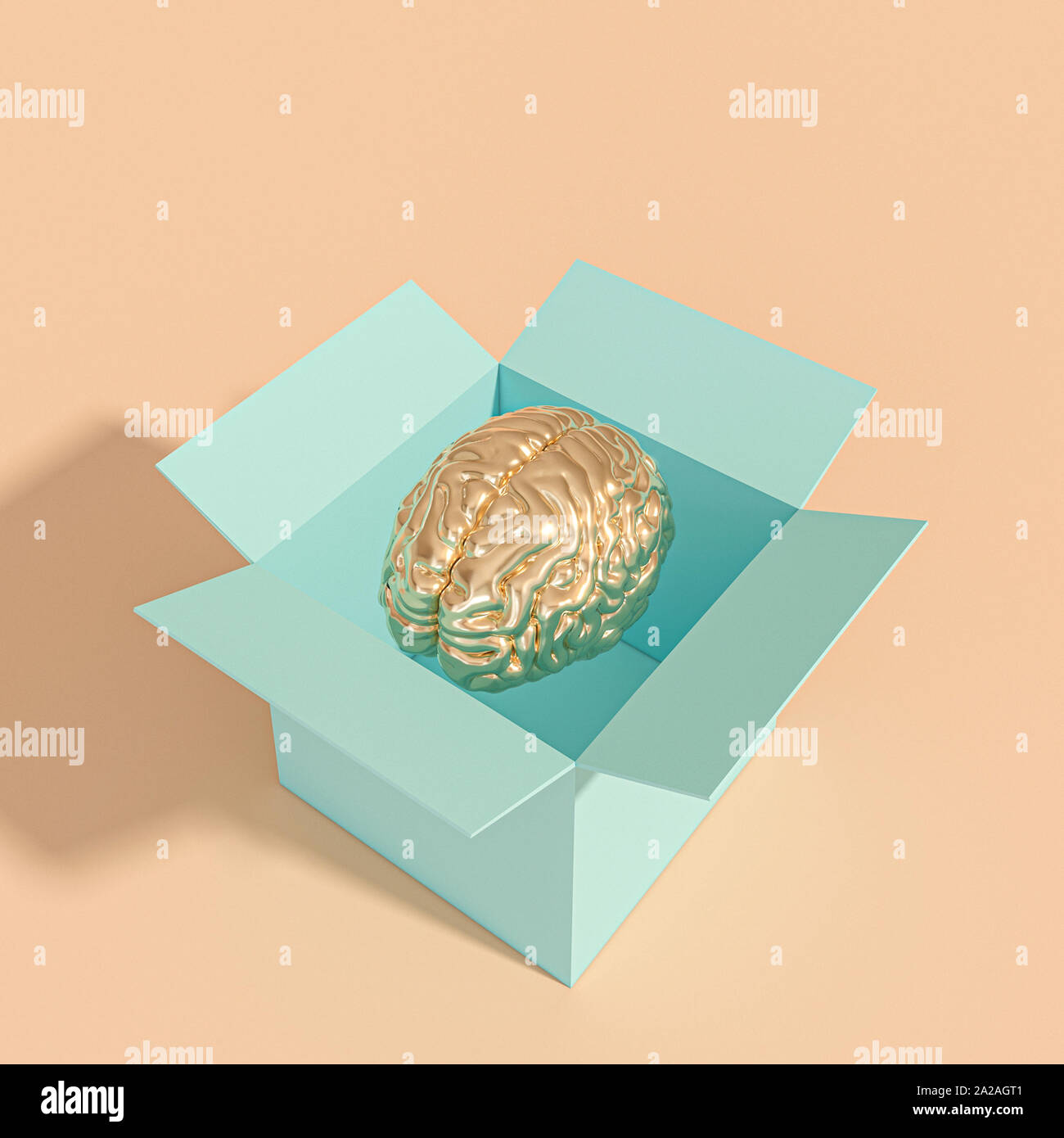 Cerveau humain d'or dans une boîte. différents, la pensée créative concept. 3D render Banque D'Images