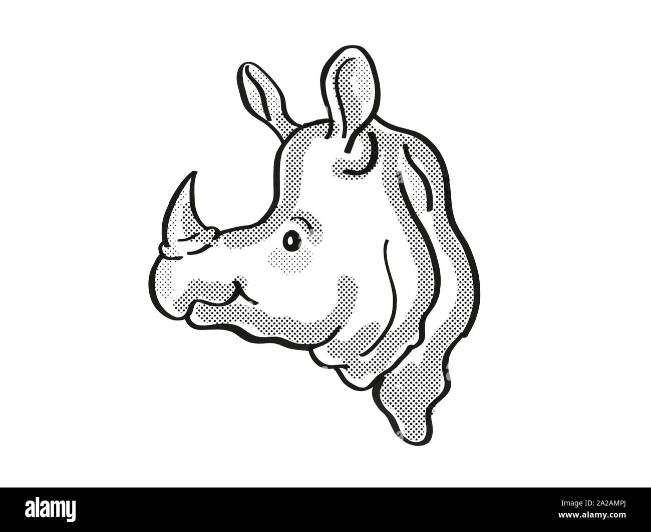 Retro cartoon style ligne mono dessin de tête d'un rhinocéros à une corne, ou rhinocéros indien, une espèce d'espèces isolées sur des white Banque D'Images