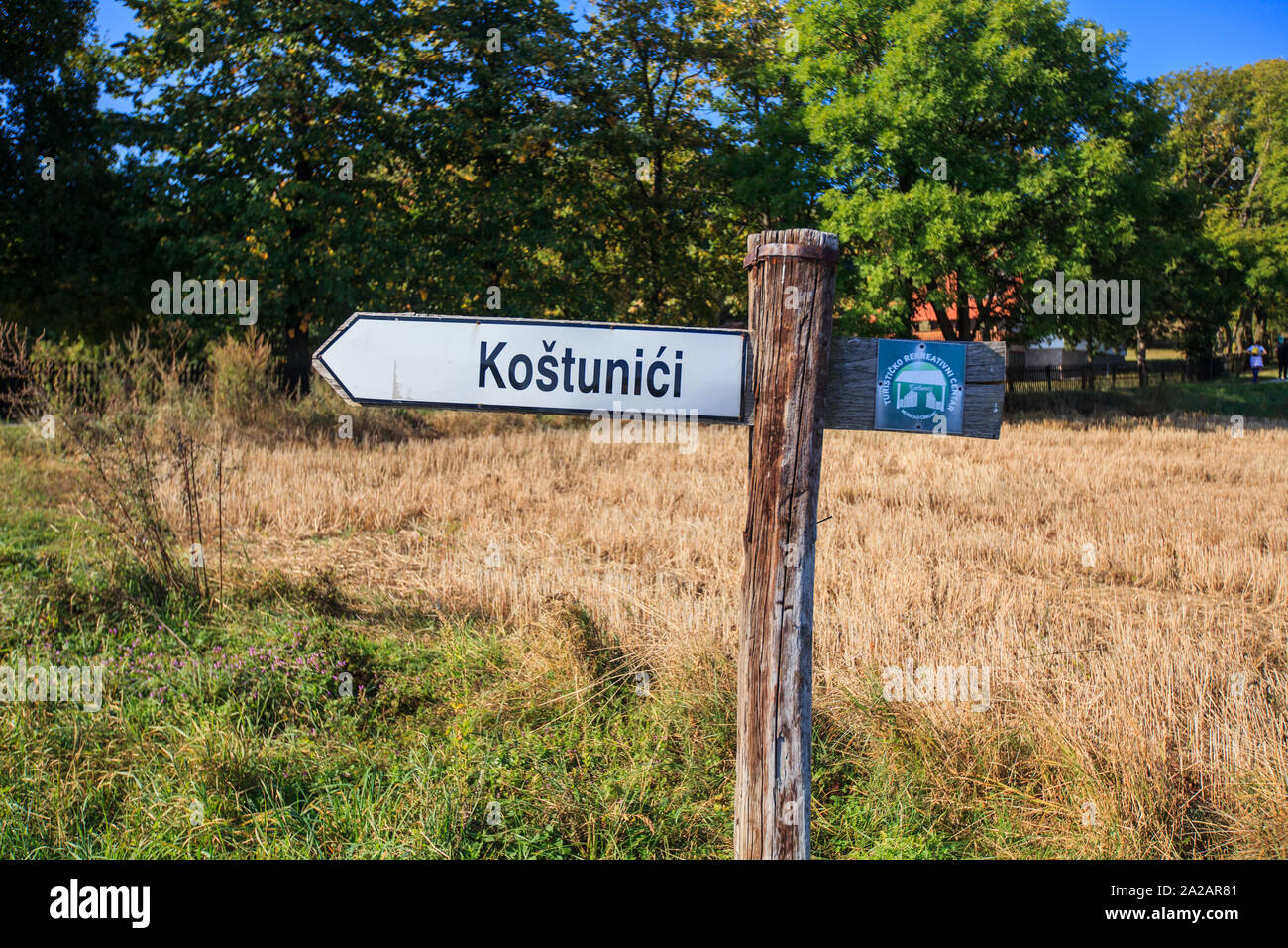 Piste en bois des pointeurs sur sentier de randonnée. Les panneaux en montagne Rajac , Serbie. Belle nature paysage en arrière-plan. Banque D'Images