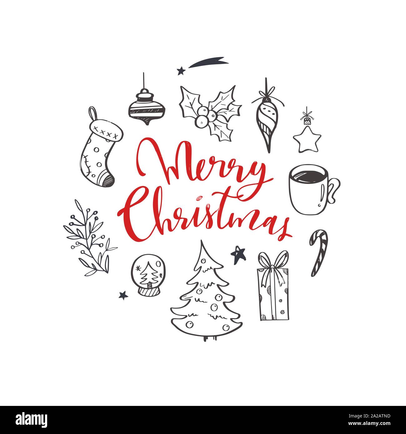 Ensemble de Noël conception éléments doodle avec Joyeux Noël et Nouvel An le lettrage Illustration de Vecteur