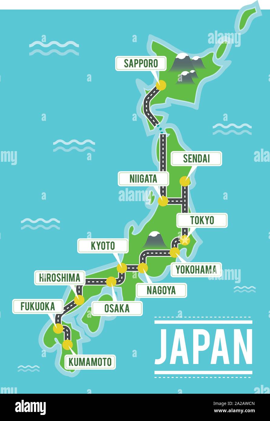 Cartoon vector map du Japon. Illustration avec les principales villes du Japon. Illustration de Vecteur