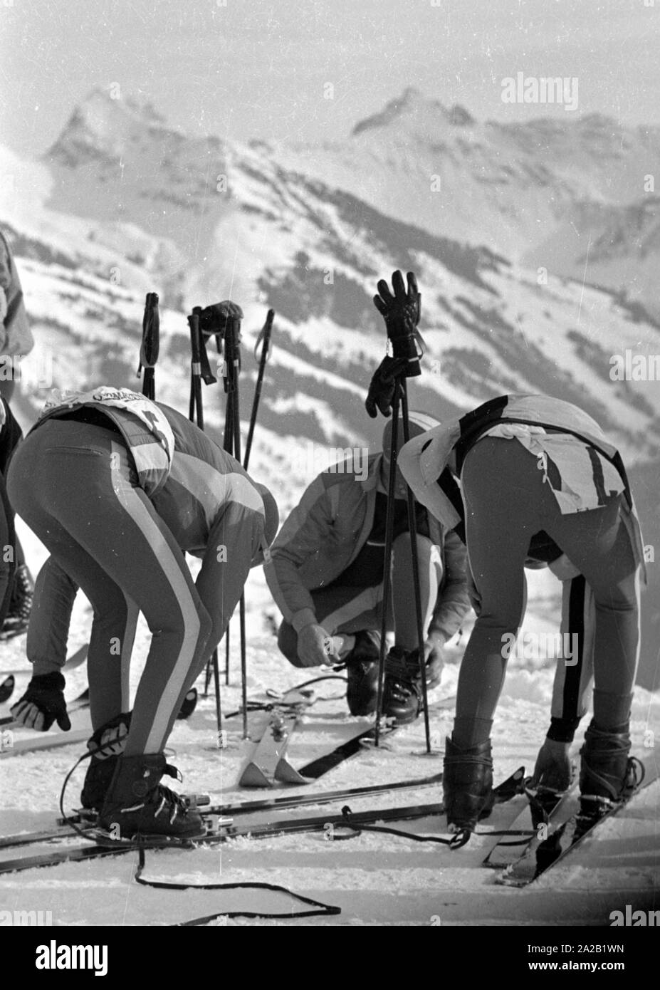 Photo de trois coureurs participant à la course du Hahnenkamm en tant qu'ils mettent sur leurs skis. Leurs numéros sont déjà nouée autour de ses hanches. La course du Hahnenkamm a eu lieu sur le Hahnenkamm de Kitzbühel depuis 1931. Banque D'Images