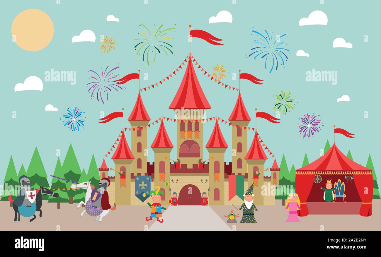 Château médiéval avec des personnages (roi, magicien, princesse, chevaliers et jester) et d'artifice. Vector illustration. Illustration de Vecteur