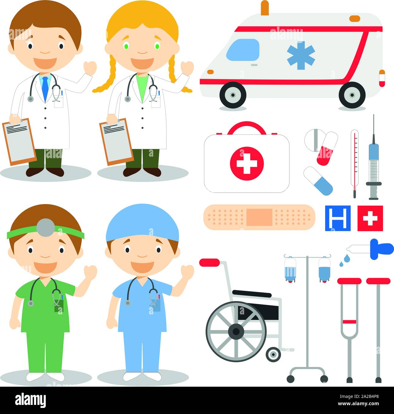 Médecin et d'infirmières, d'illustration vectorielle des caractères avec des icônes et objets définir Illustration de Vecteur
