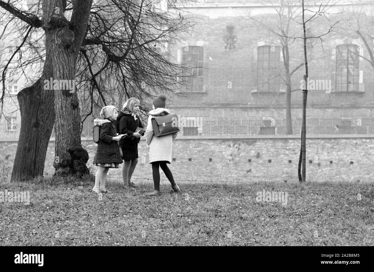 Les filles sont en conversation sur le chemin de l'école dans un parc. La photo a été prise dans le cadre d'une expérience d'enlèvement d'enfant de la Kriminalpolizei Augsbourg. Banque D'Images