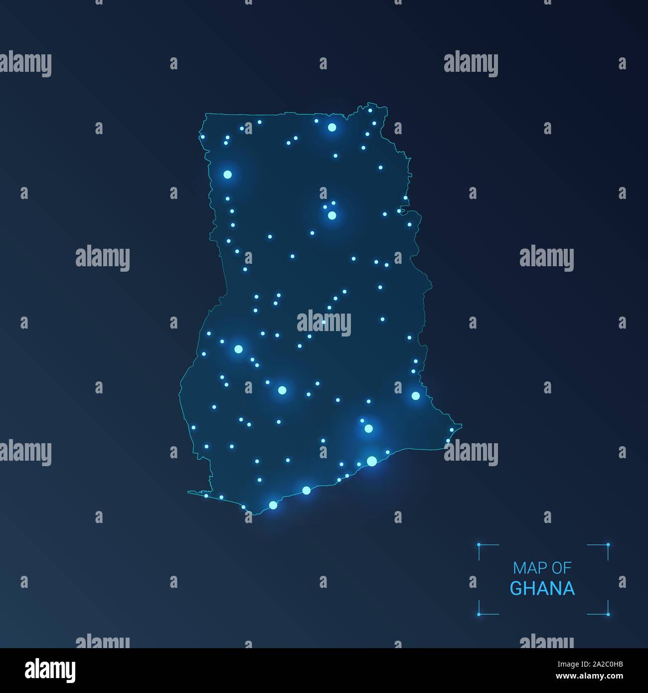 Ghana carte avec les villes. Points lumineux - néons sur fond sombre. Vector illustration. Illustration de Vecteur