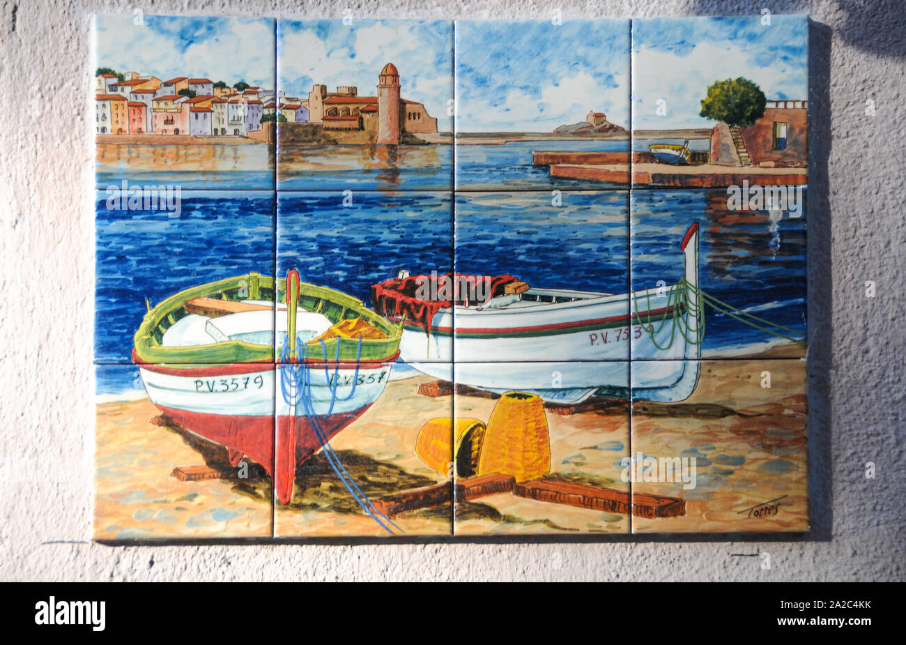 Les carreaux en céramique Frieze, Collioure, France Banque D'Images