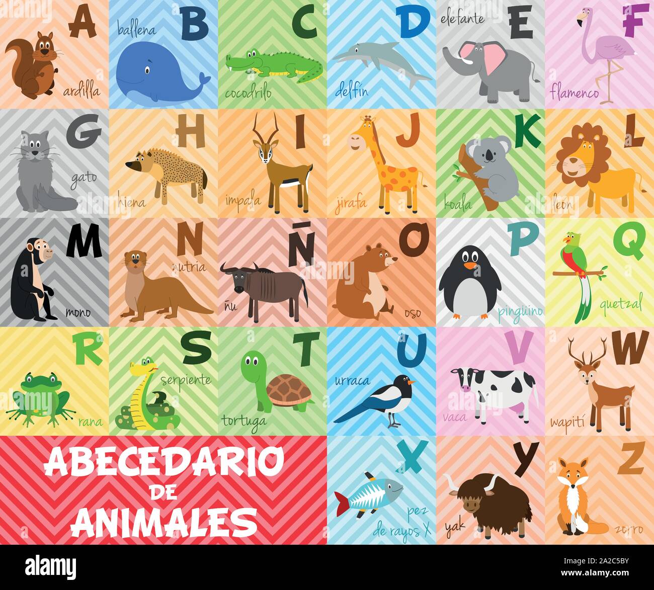 Cute cartoon alphabet illustré zoo avec animaux drôles. L'alphabet espagnol. Apprendre à lire. Vector illustration isolé. Illustration de Vecteur