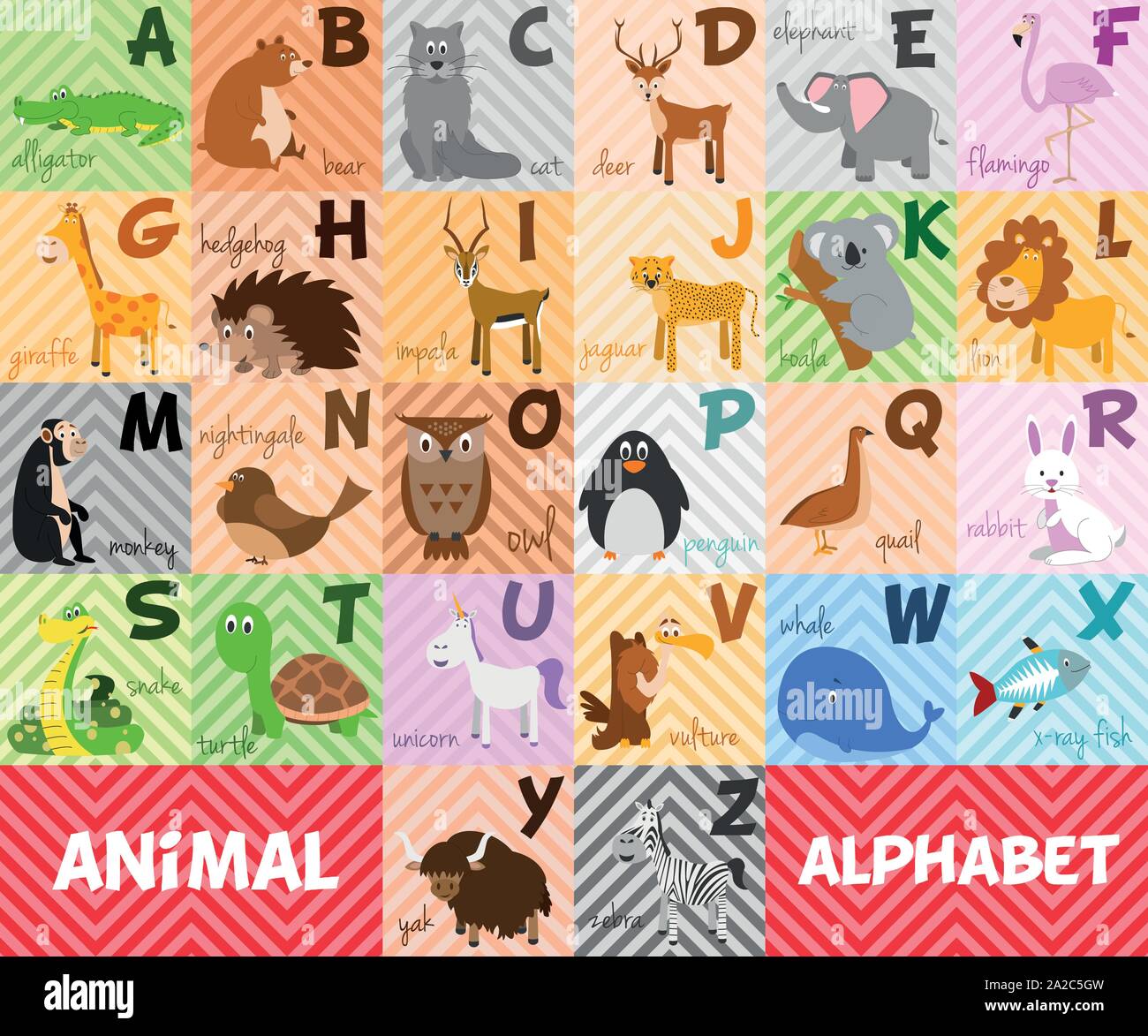 Cute cartoon alphabet illustré zoo avec animaux drôles. Alphabet anglais. Apprendre à lire. Vector illustration isolé. Illustration de Vecteur