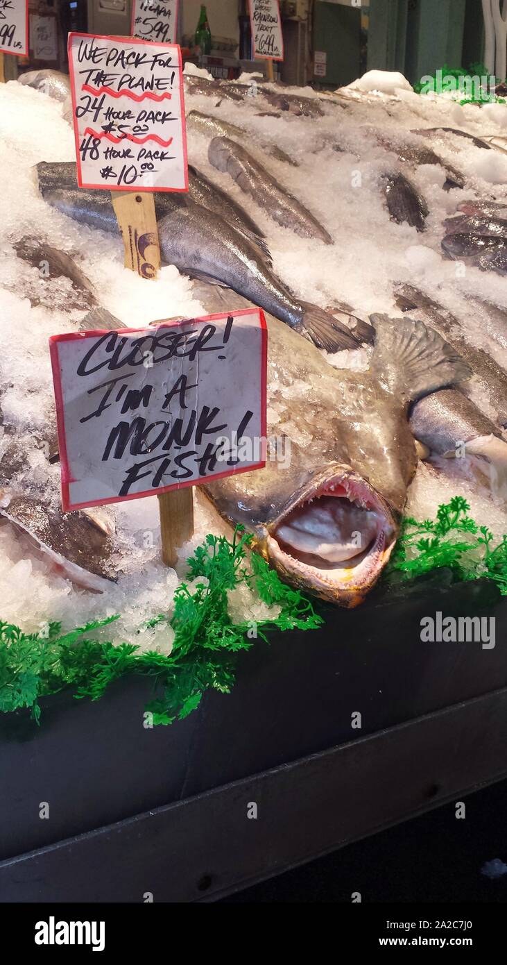 Gros plan sur la glace avec des dents intimidantes, avec un signe humoristique qui se rapproche, je suis un monkfish au Pike Place Market à Seattle, Washington, le 21 avril 2015. () Banque D'Images