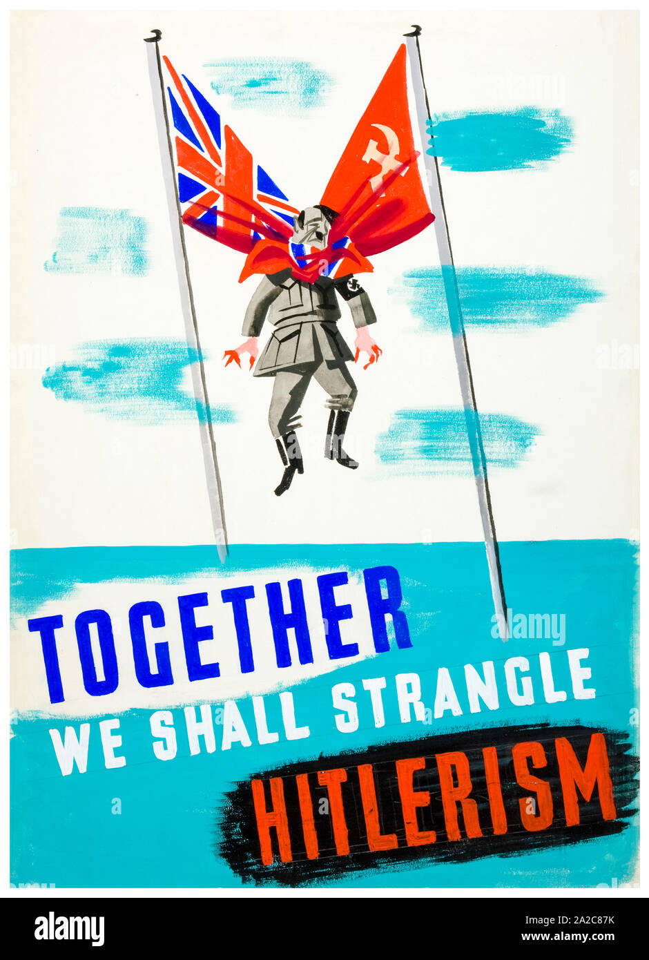 British, WW2, l'unité de force interalliée, affiche de la coopération, ensemble nous allons étrangler l'Hitlérisme, Hitler (figure, étranglés, par Union Jack et drapeau rouge) 1939-1946 Banque D'Images