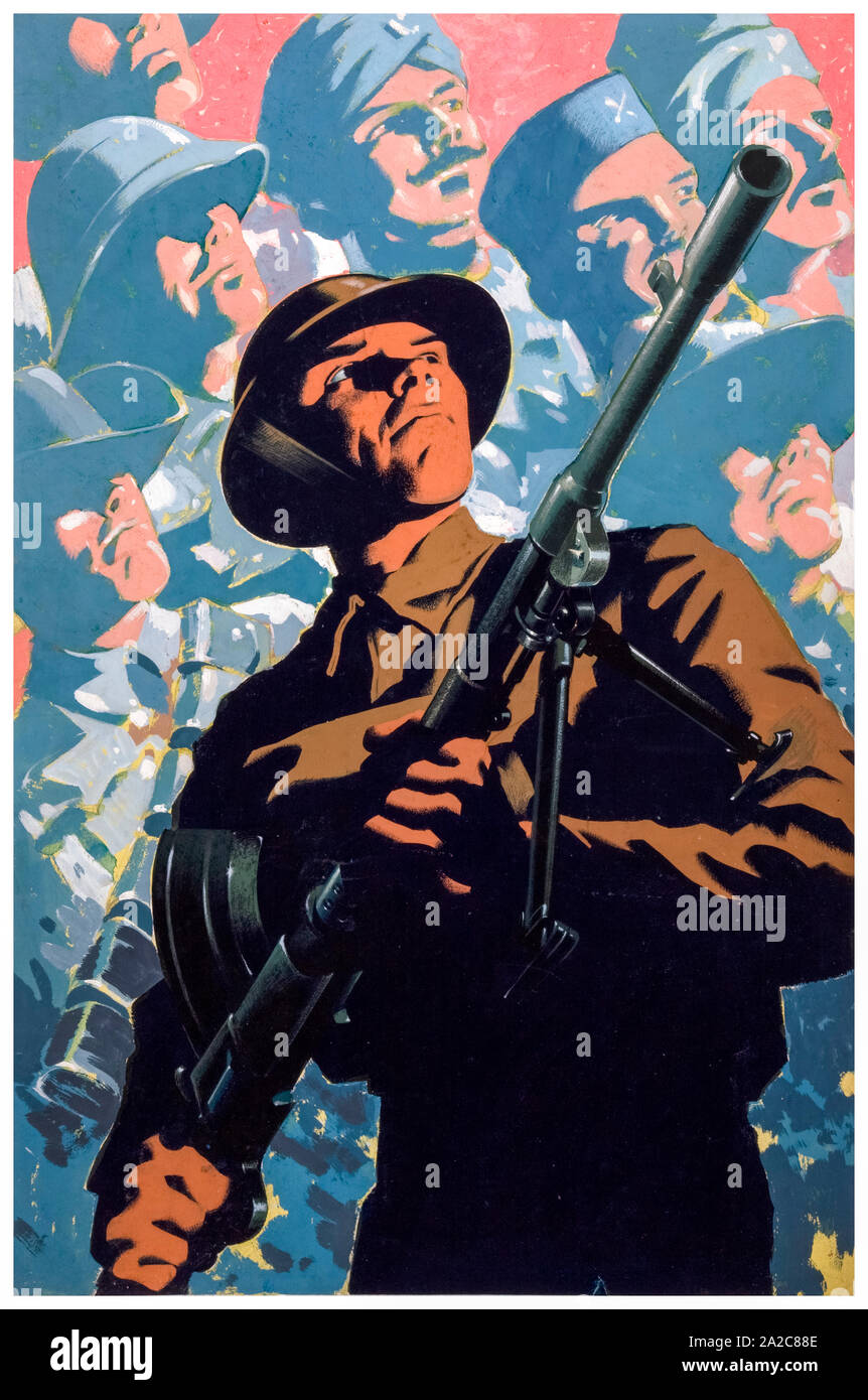 British, WW2, l'unité de force interalliée, affiche de la coopération, soldat britannique, avec la mitrailleuse Bren, militaires alliés en arrière-plan,1939-1946 Banque D'Images