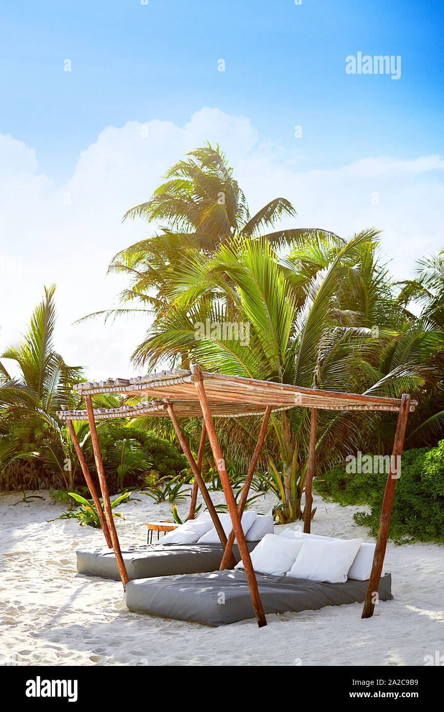 Chaises longues à l'ombre sous les auvents sur plage de sable blanc avec des palmiers en arrière-plan Banque D'Images